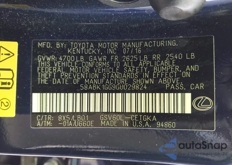 2016 Lexus Es 350 из США, поврежденный, VIN 58ABK1GG9GU029824